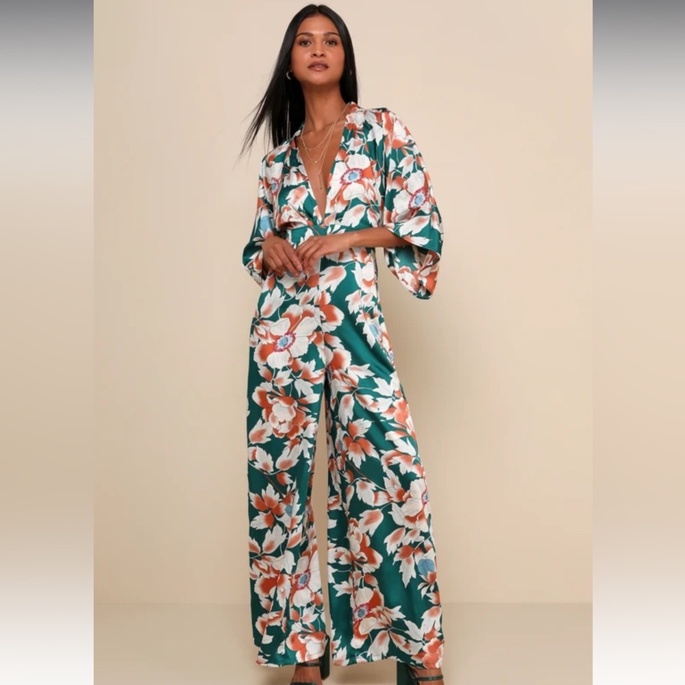 [New with Tags] From Sunrise Teal Floral Print Wide Leg Jumpsuit Sz XL